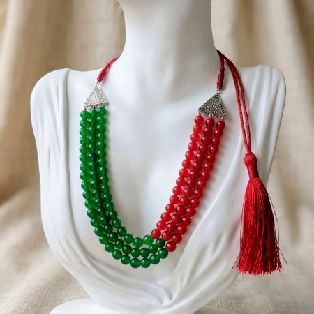 Handmade Jewelry Red Green Layered Bead Necklace